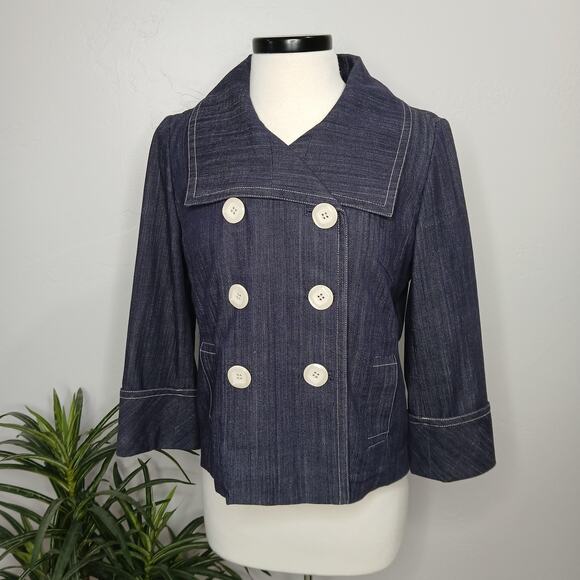 Ivy Jane Denim Jacket Womens Small Double Breasted Peacoat 3/4 Sleeve Cropped - Picture 1 of 13